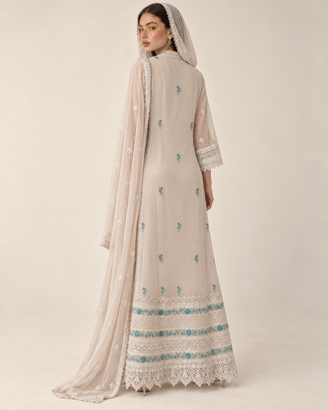 Nooray Ivory Teal Chiffon Fustan
