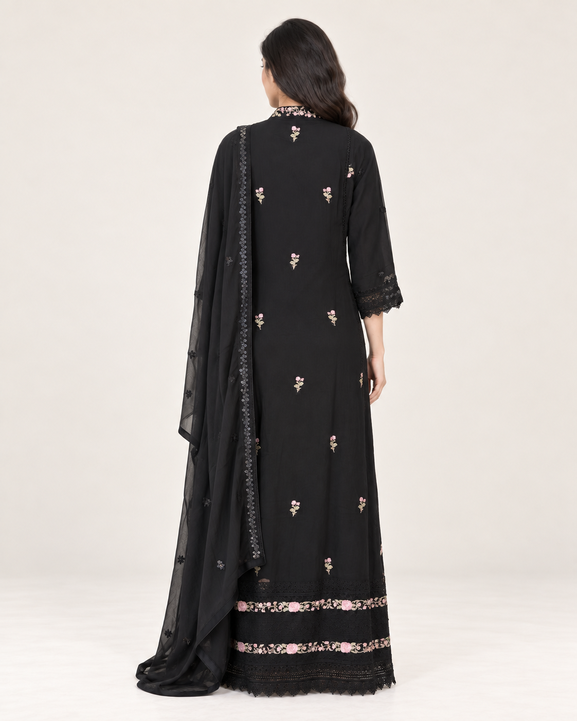 Wardat Al Layl — Black Rose Embroidered Chiffon Fustan