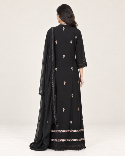 Wardat Al Layl — Black Rose Embroidered Chiffon Fustan
