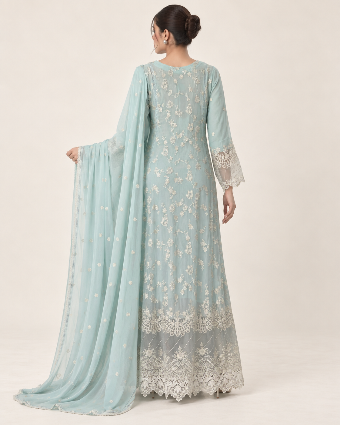 Azure Pearl Embroidered Chiffon Fustan