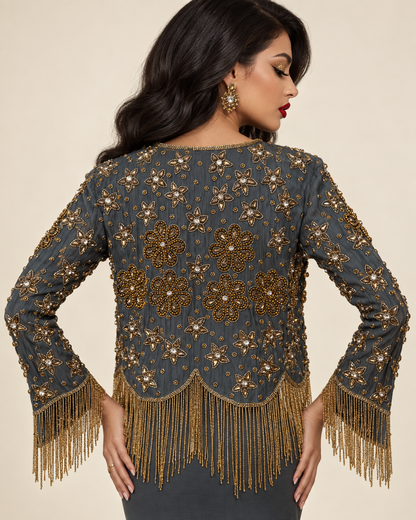 Midnight Bloom Fringe Jacket