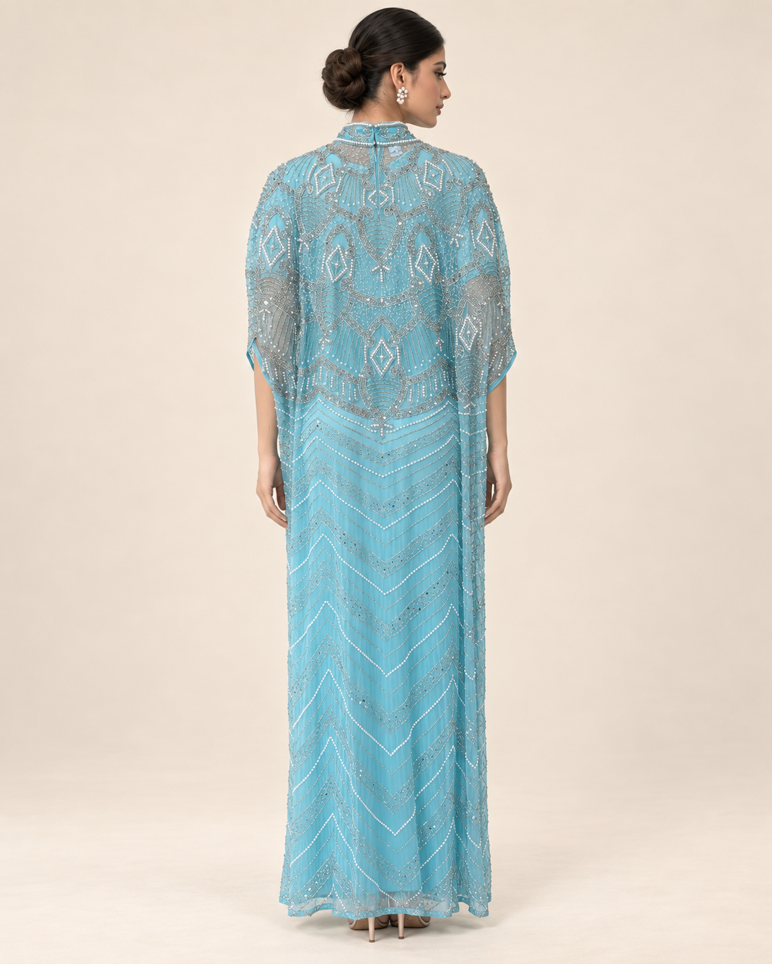 Lujain Aqua Pearl Cashmere Kaftan