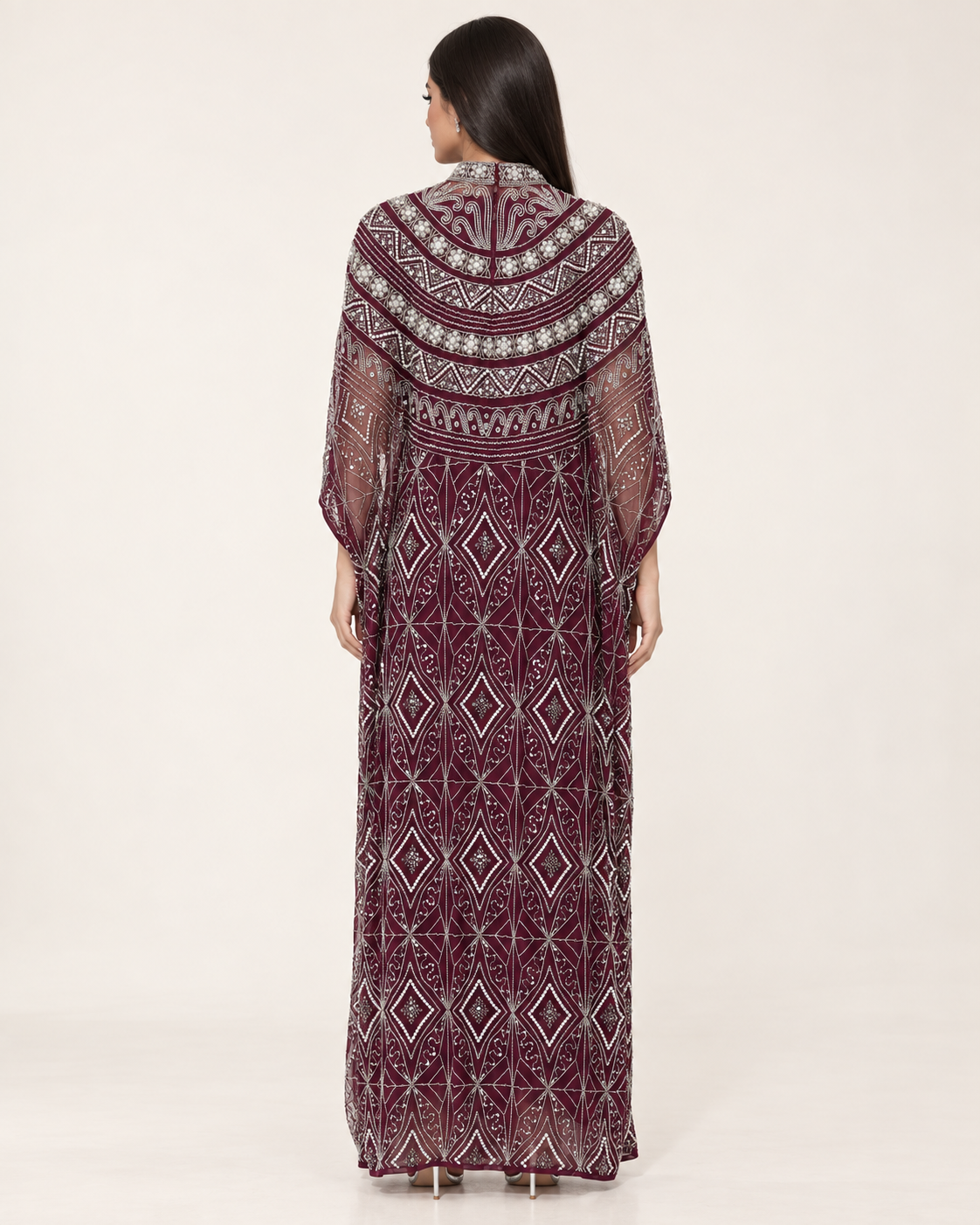 Thuraya Burgundy Pearl Handwork Cashmere Kaftan