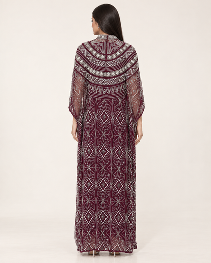 Thuraya Burgundy Pearl Handwork Cashmere Kaftan