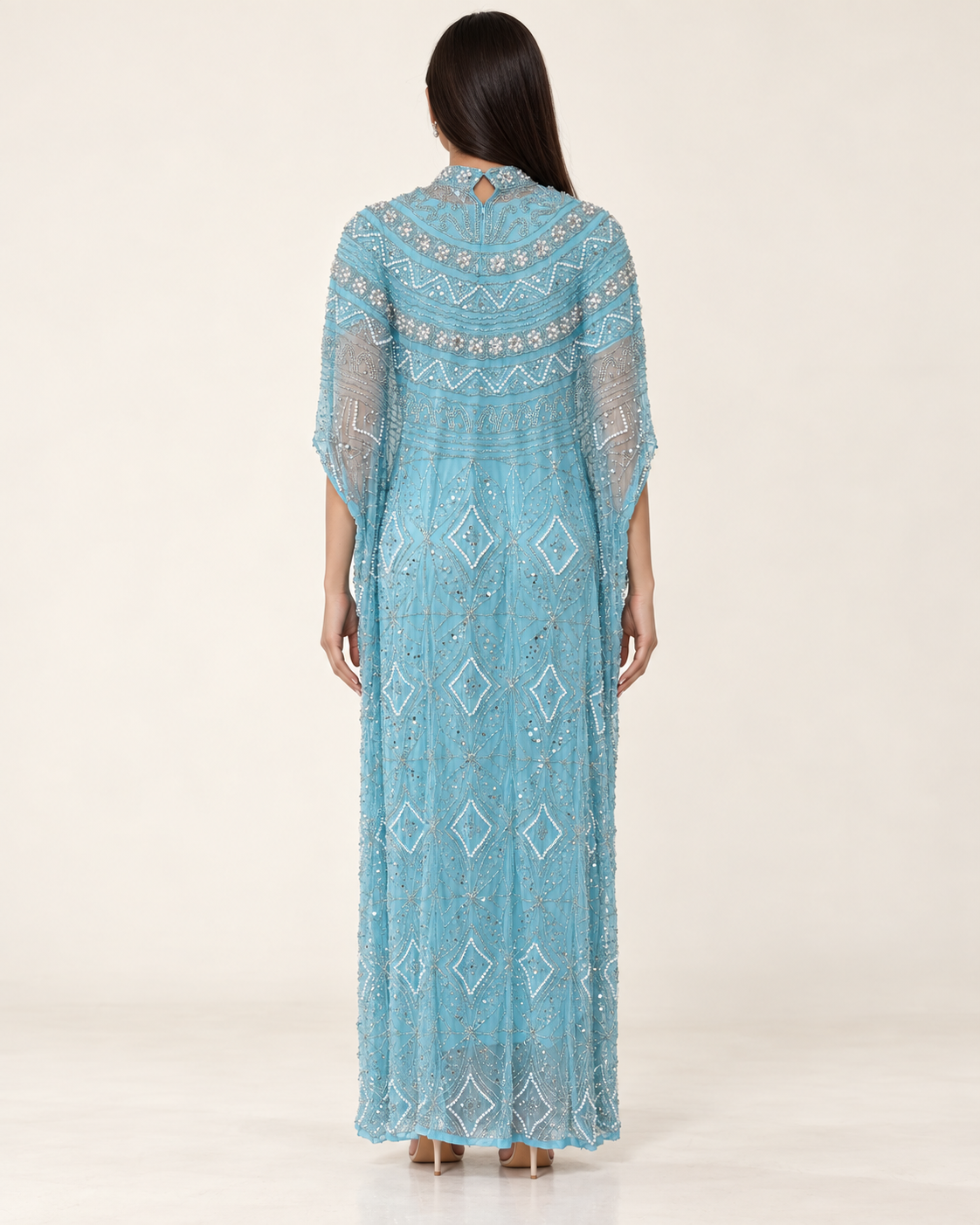 Mayar Sky Blue Pearl Handwork Cashmere Kaftan