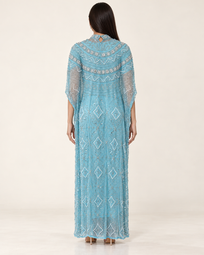 Mayar Sky Blue Pearl Handwork Cashmere Kaftan
