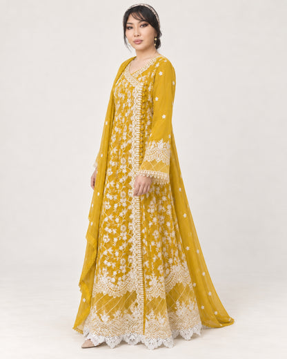 ALAM’S MAHABAT — Mustard Embroidered Chiffon Fustan