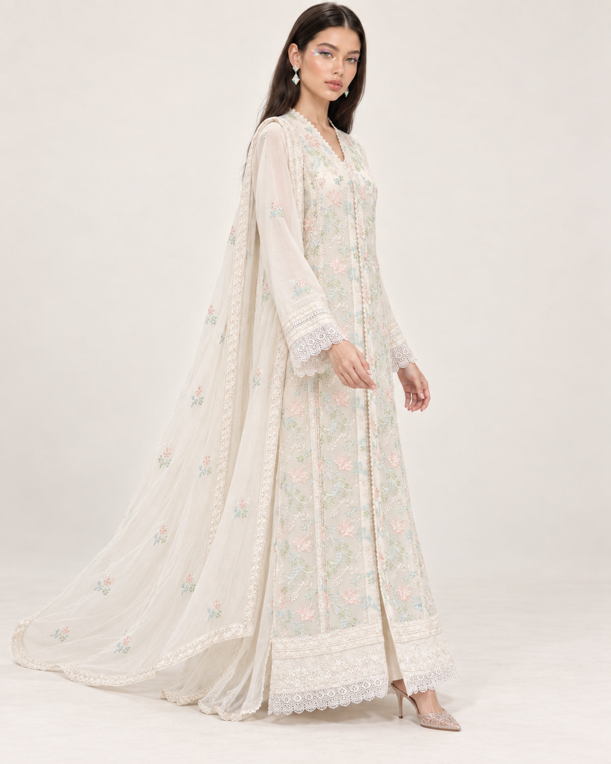 Elara Ivory Pastel Floral Multi-colour Chiffon Fustan