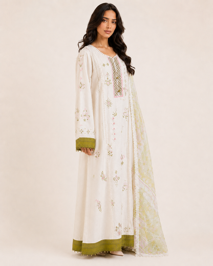 Wardah Ivory Cotton Embroidered Jalabiya