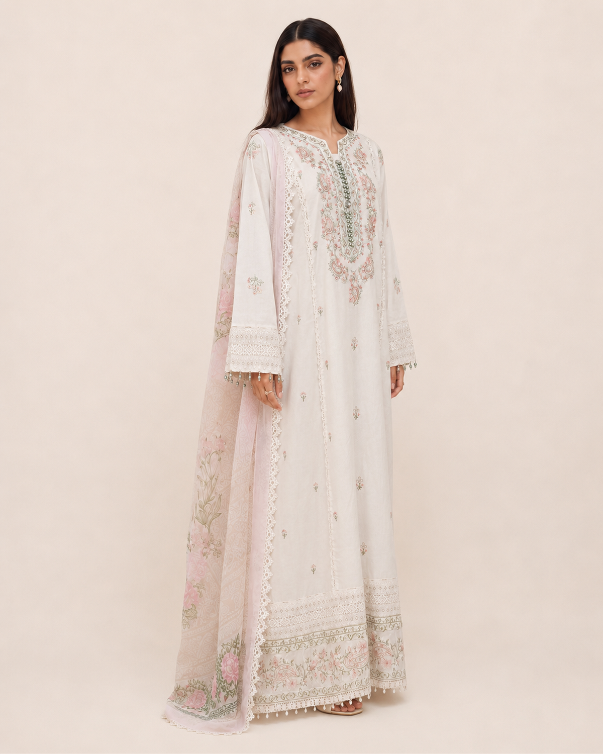 Liyana Ivory Bloom Cotton Embroidered Jalabiya