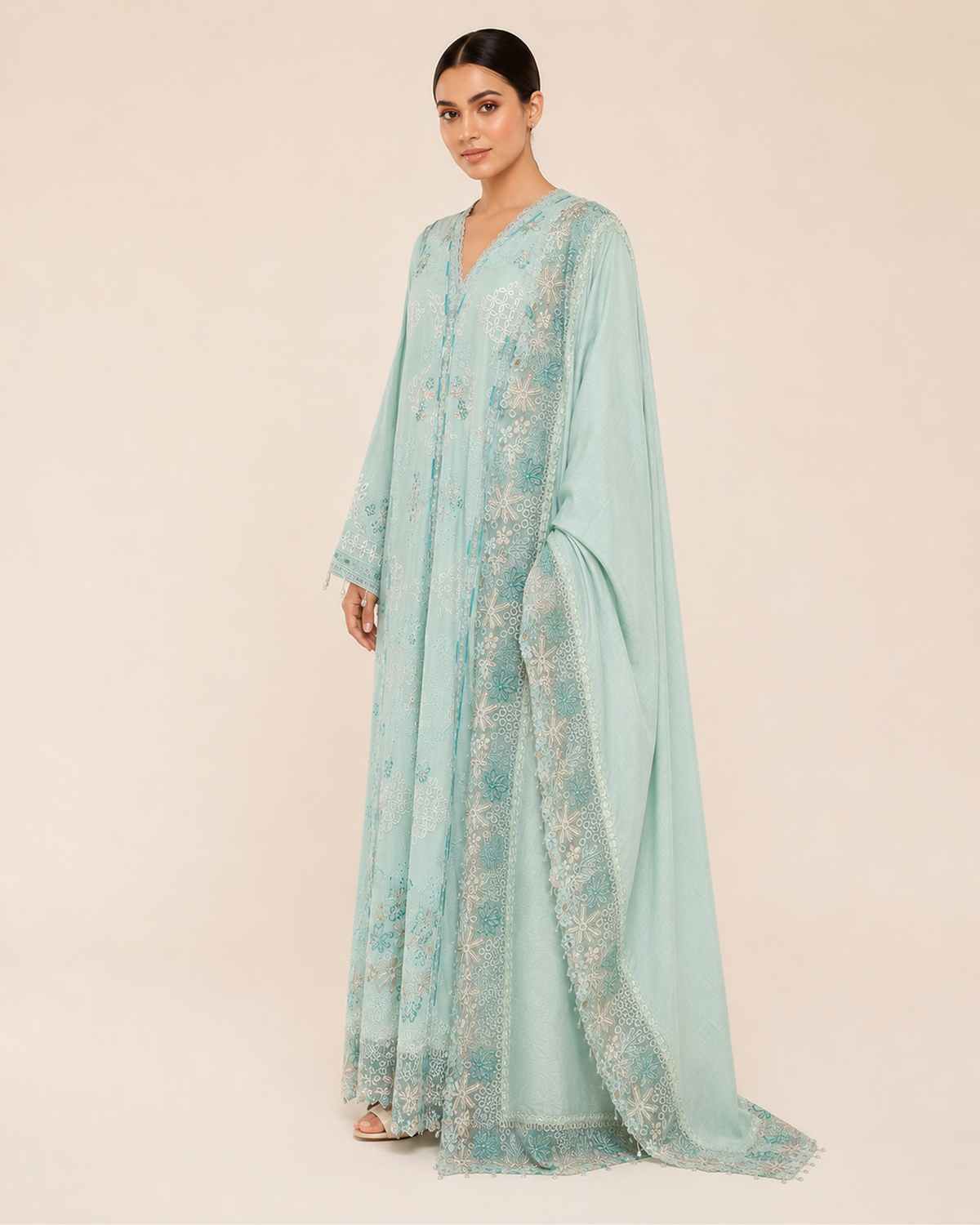 Ayla Seafoam Cotton Embroidered Jalabiya