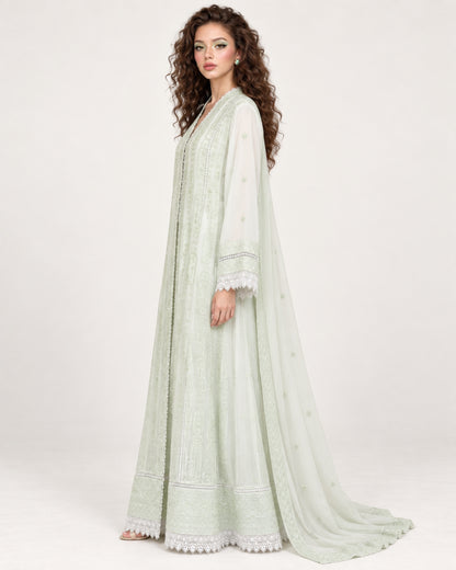 SUKOON — Light Pistachio Embroidered Chiffon Fustan