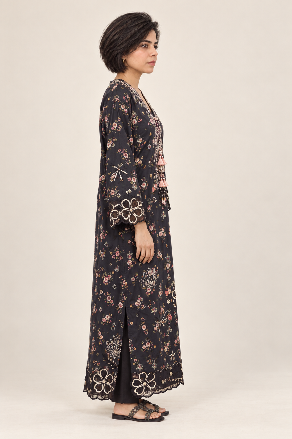 Shanzae — سیاہ | Cotton  black floral  Long Shirt & Trouser