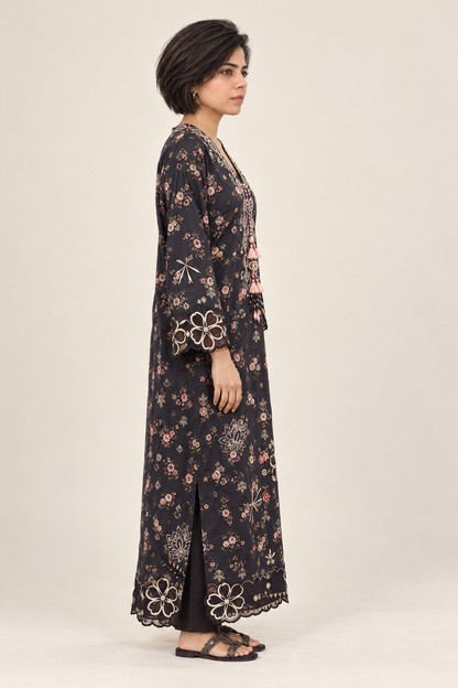 Shanzae — سیاہ | Cotton  black floral  Long Shirt & Trouser