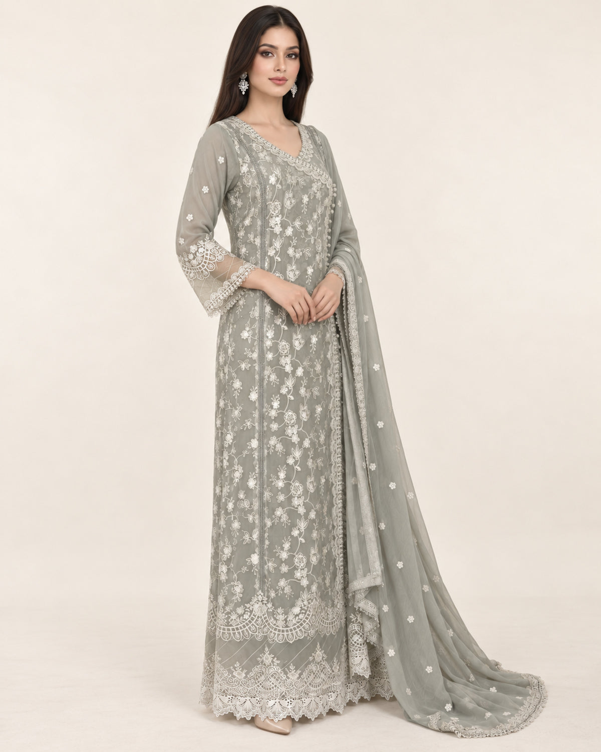 Noura Sage Embroidered Chiffon Fustan