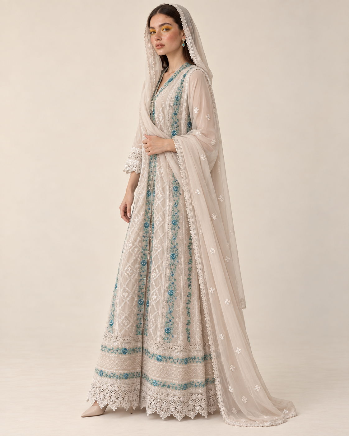 Nooray Ivory Teal Chiffon Fustan