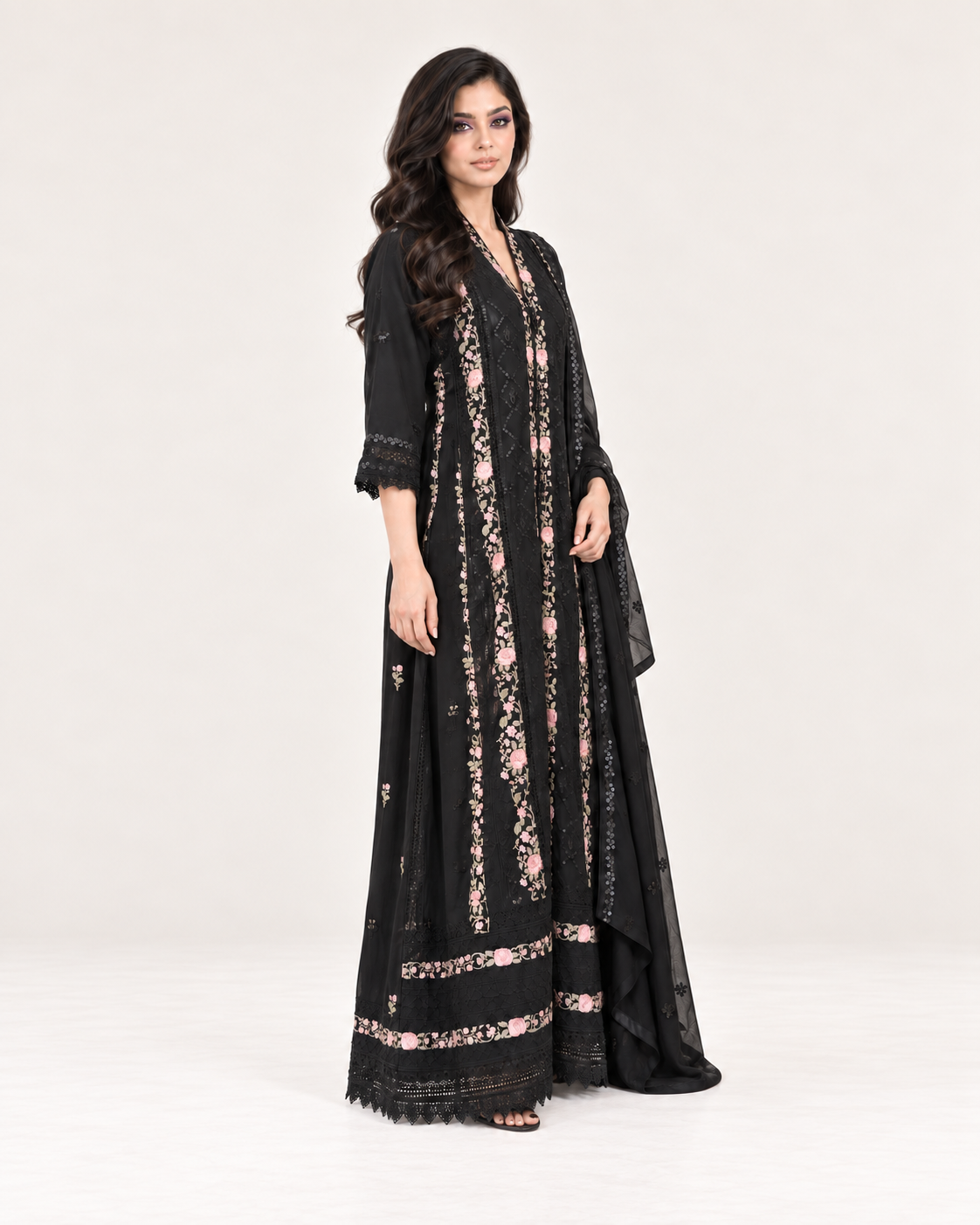 Wardat Al Layl — Black Rose Embroidered Chiffon Fustan