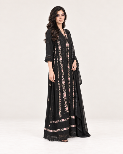 Wardat Al Layl — Black Rose Embroidered Chiffon Fustan