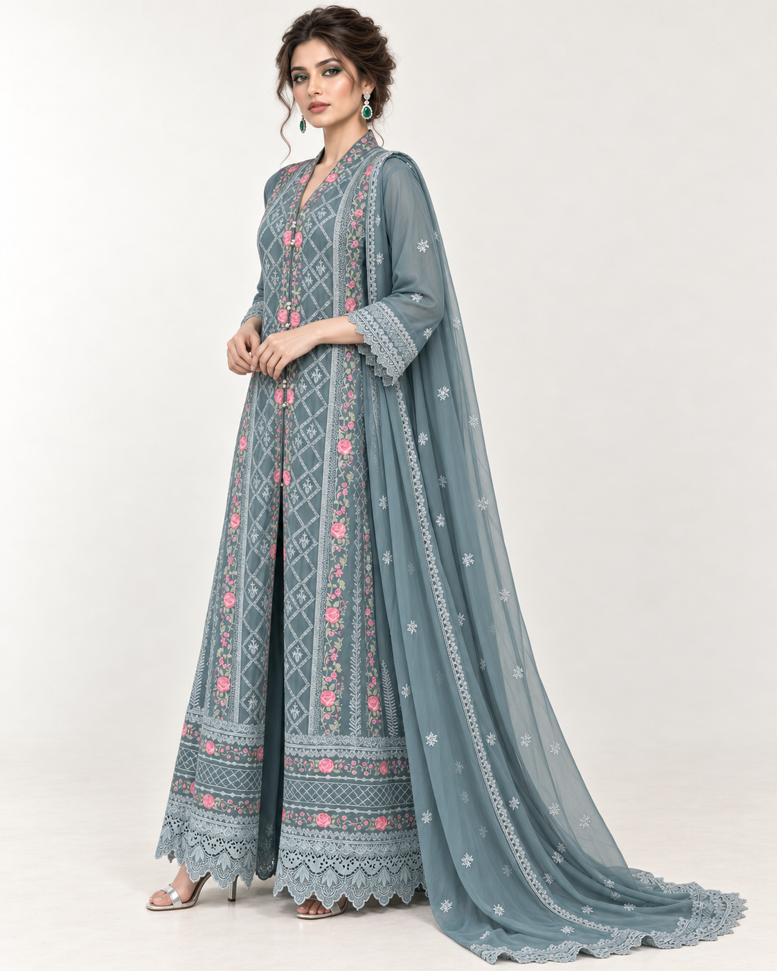 Riham Slate Rose Embroidered Chiffon Fustan