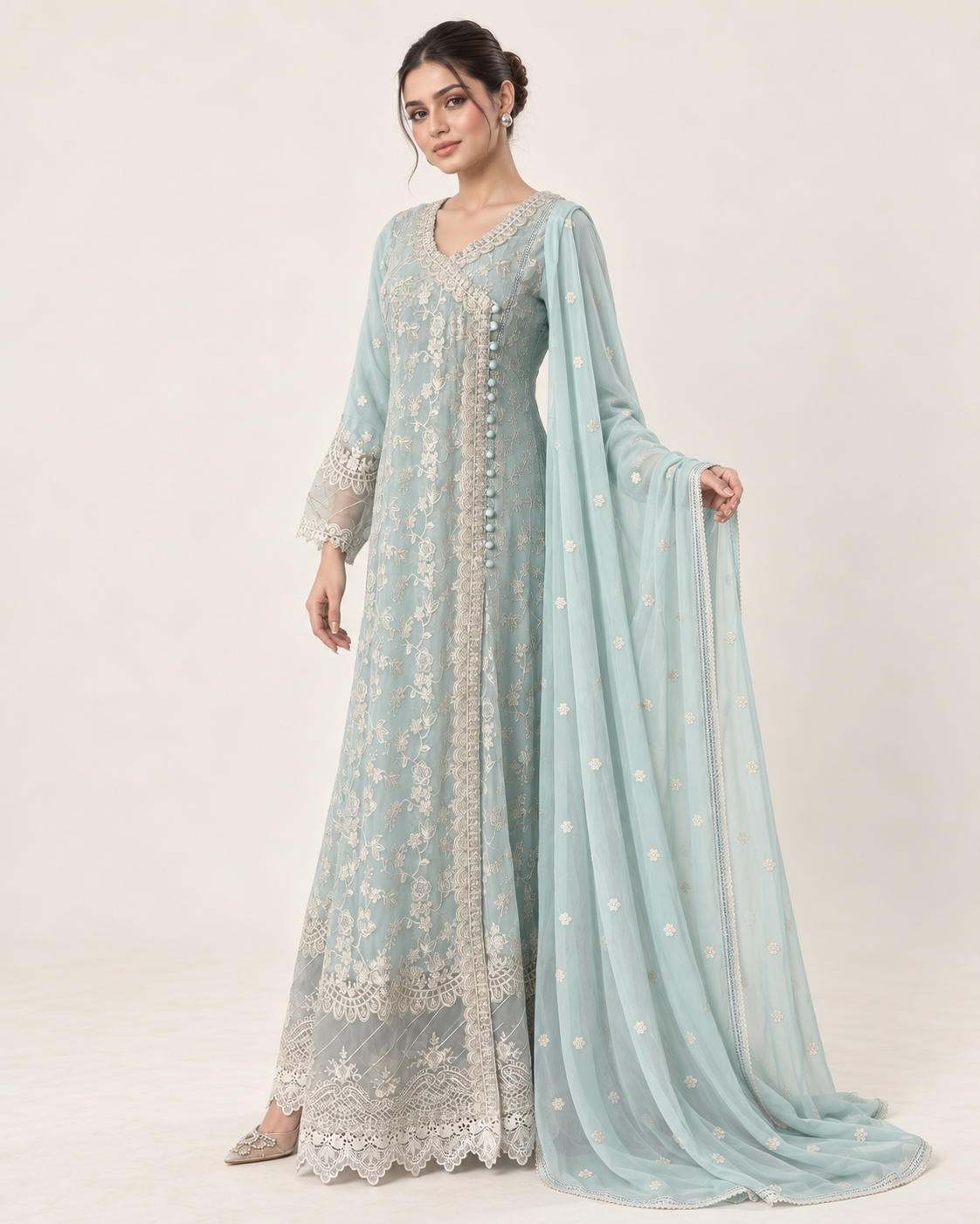 Azure Pearl Embroidered Chiffon Fustan