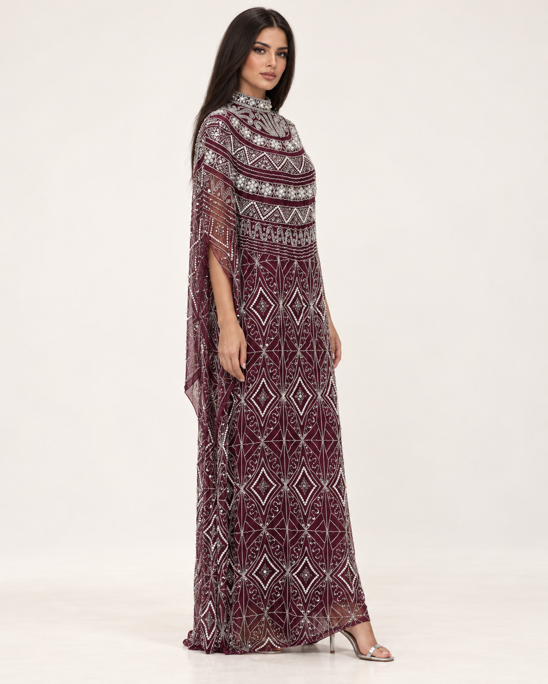 Thuraya Burgundy Pearl Handwork Cashmere Kaftan