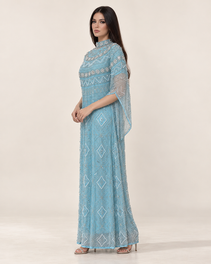 Mayar Sky Blue Pearl Handwork Cashmere Kaftan
