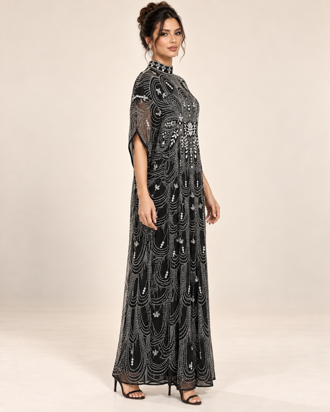Sahar Black Crystal Cashmere Kaftan