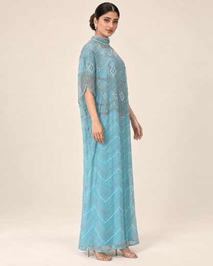Lujain Aqua Pearl Cashmere Kaftan