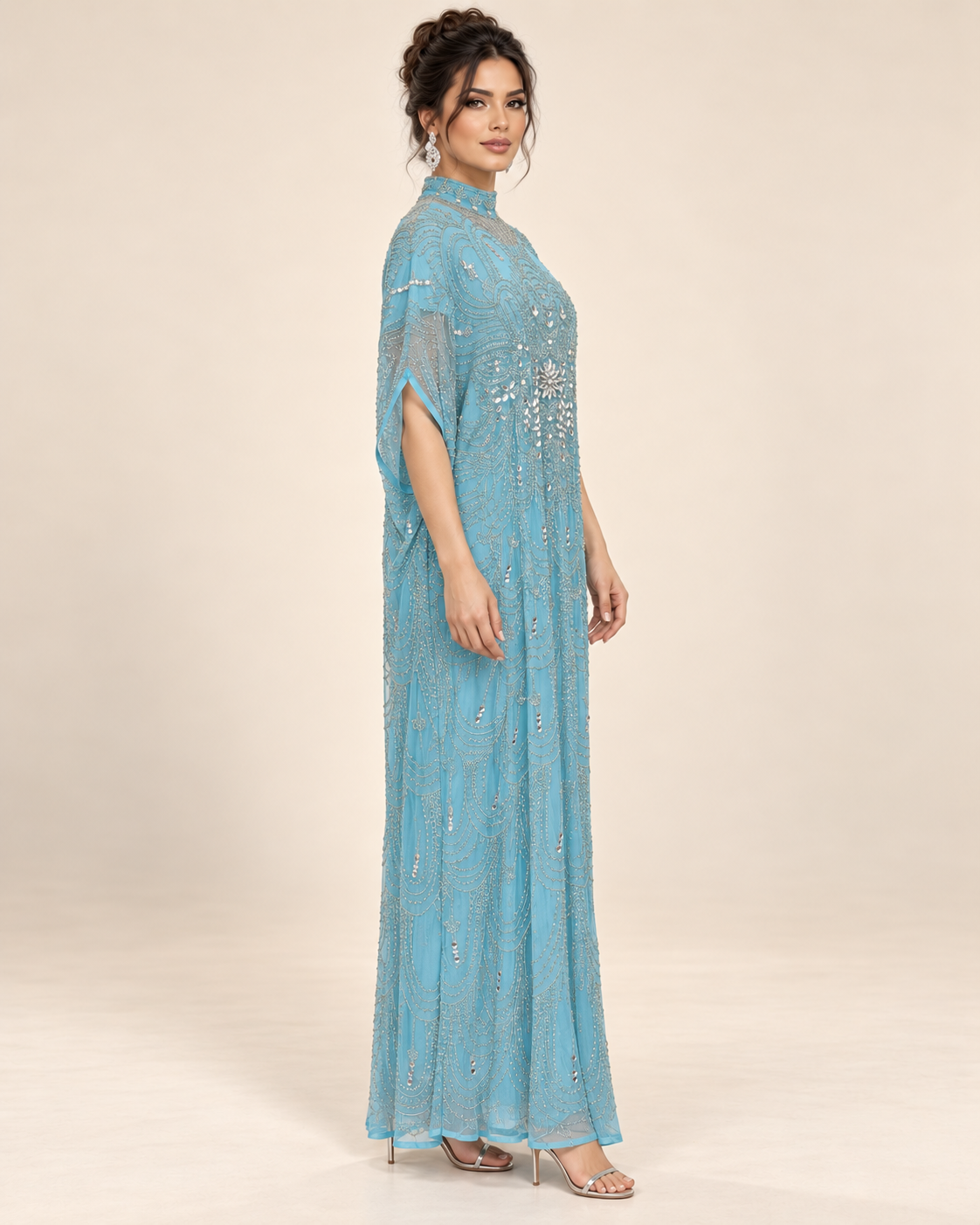 Areej Aqua Crystal Cashmere Kaftan