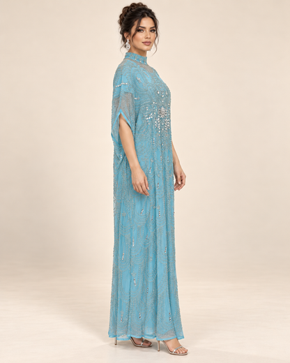 Areej Aqua Crystal Cashmere Kaftan