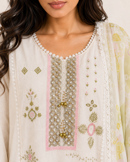 Wardah Ivory Cotton Embroidered Jalabiya