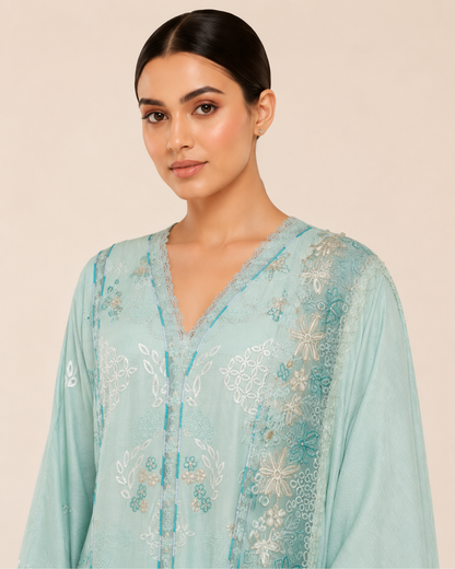 Ayla Seafoam Cotton Embroidered Jalabiya