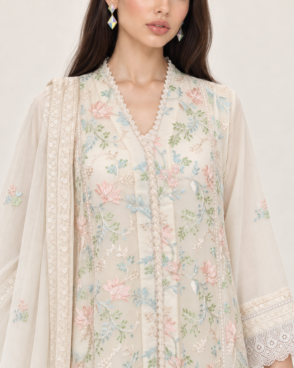 Elara Ivory Pastel Floral Multi-colour Chiffon Fustan
