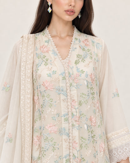 Elara Ivory Pastel Floral Multi-colour Chiffon Fustan