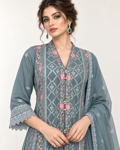 Riham Slate Rose Embroidered Chiffon Fustan