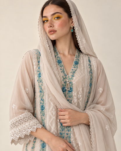 Nooray Ivory Teal Chiffon Fustan