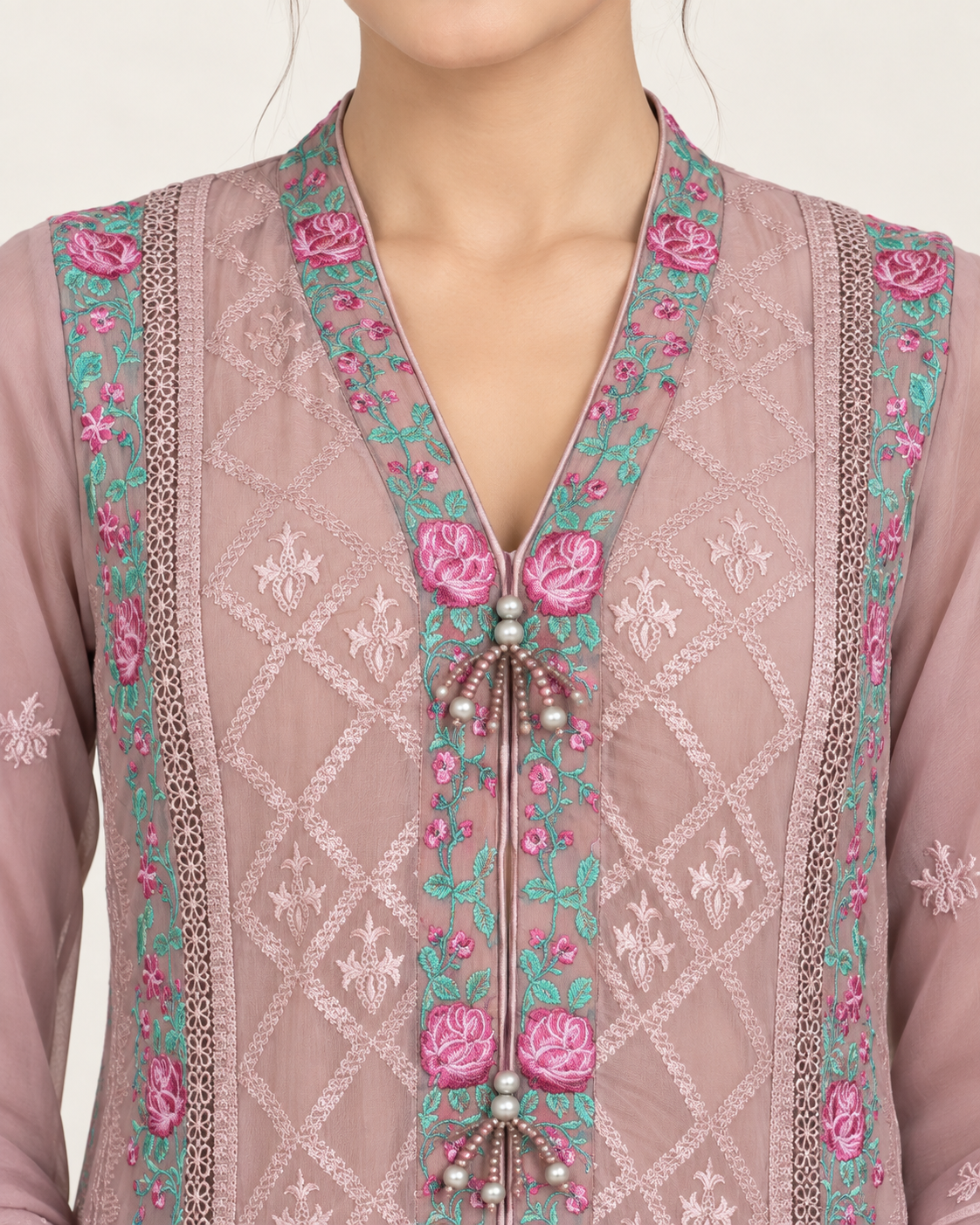 Wardat Al Fajr — Dusty Rose Embroidered Chiffon Fustan