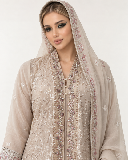 Sahar Al Noor Champagne Embroidered Fustan