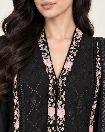 Wardat Al Layl — Black Rose Embroidered Chiffon Fustan