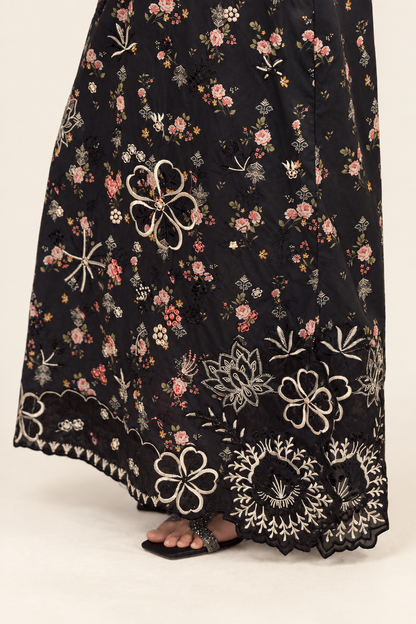 Shanzae — سیاہ | Cotton  black floral  Long Shirt & Trouser