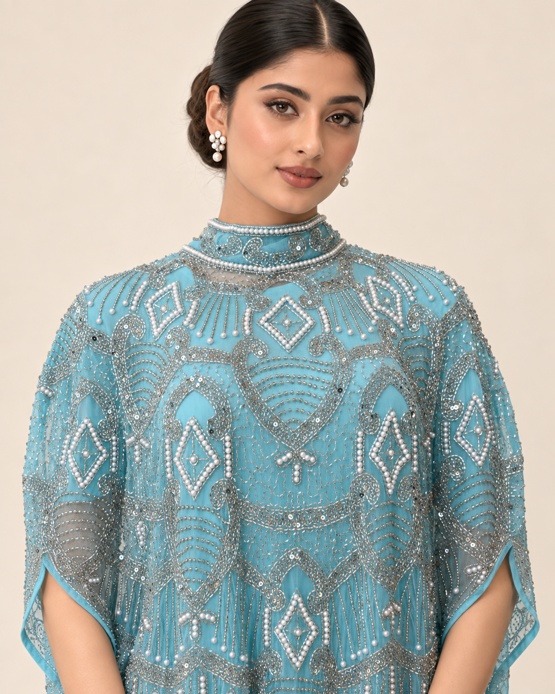 Lujain Aqua Pearl Cashmere Kaftan