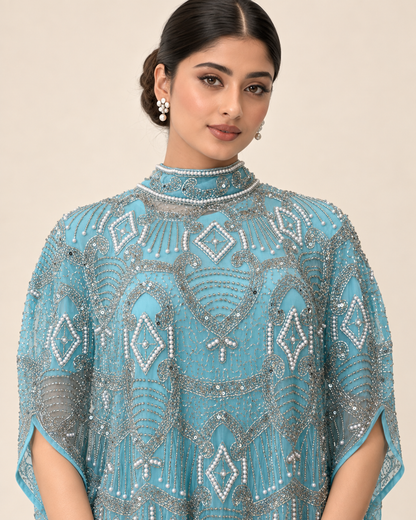 Lujain Aqua Pearl Cashmere Kaftan