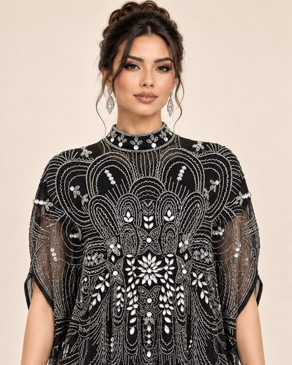 Sahar Black Crystal Cashmere Kaftan