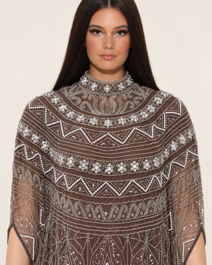Ilham Mocha Pearl Handwork Cashmere Kaftan