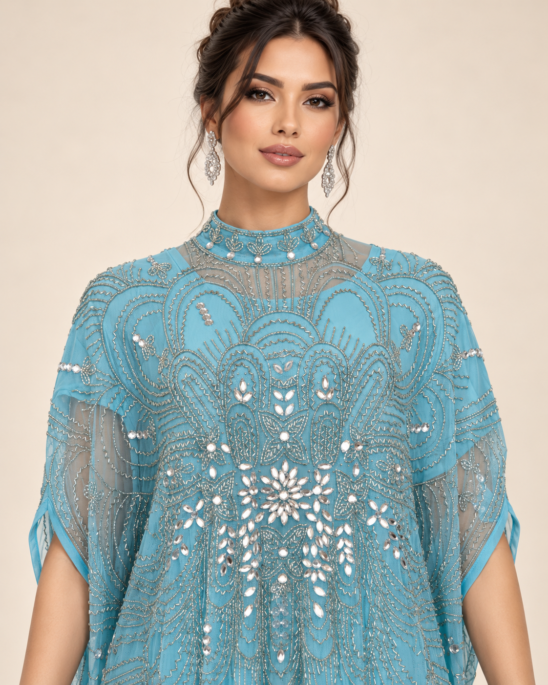 Areej Aqua Crystal Cashmere Kaftan