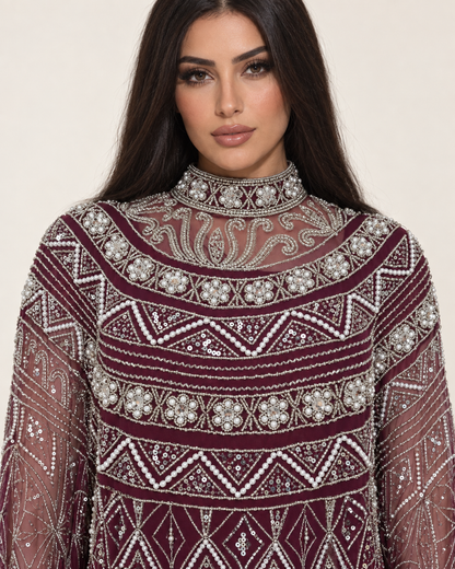 Thuraya Burgundy Pearl Handwork Cashmere Kaftan