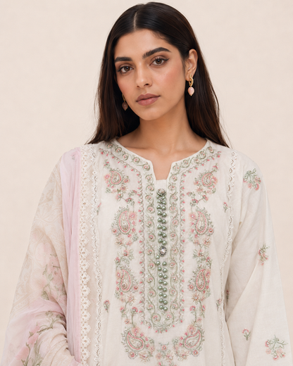 Liyana Ivory Bloom Cotton Embroidered Jalabiya