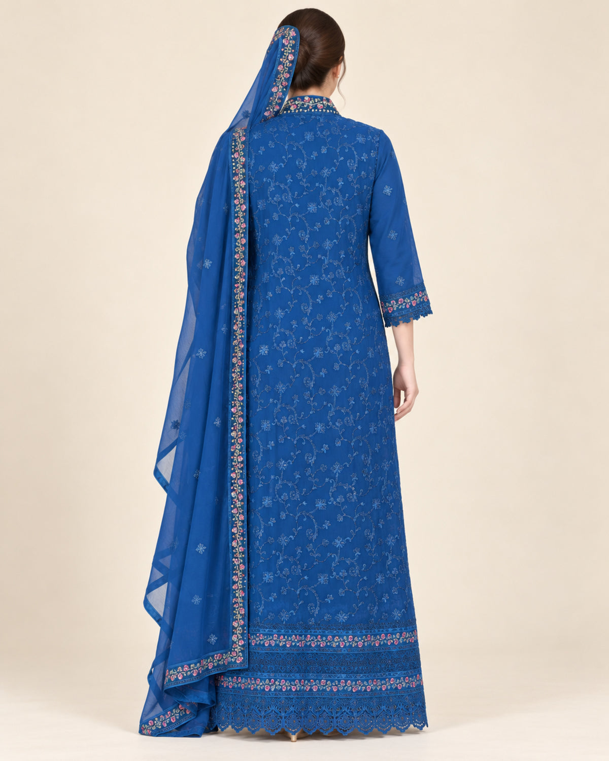 Sapphire Bloom Pearl-Embroidered Chiffon Fustan.