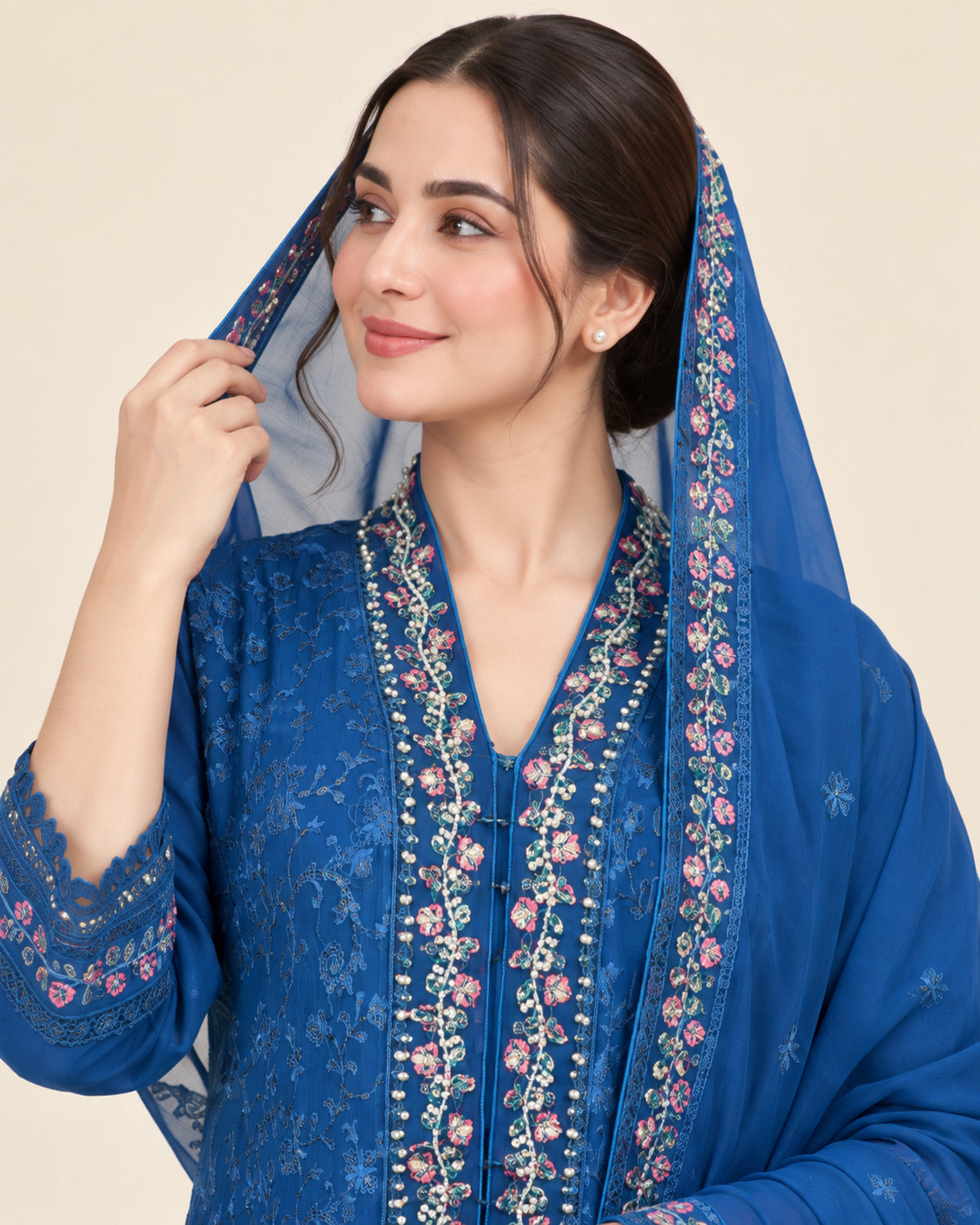 Sapphire Bloom Pearl-Embroidered Chiffon Fustan.