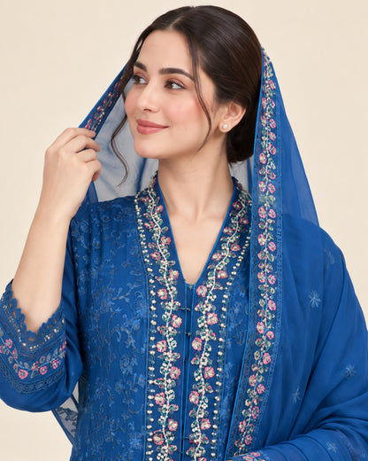 Sapphire Bloom Pearl-Embroidered Chiffon Fustan.